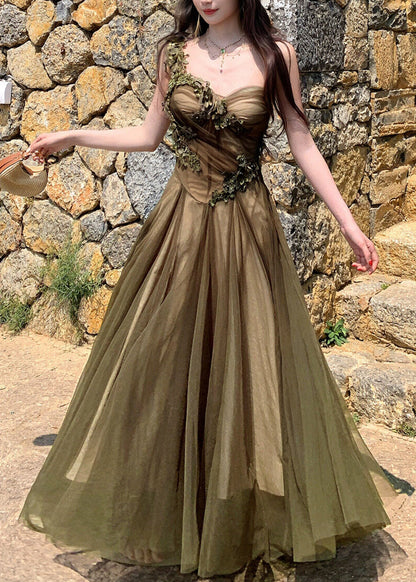 French Green Floral Patchwork Tulle Long Spaghetti Strap Dress Sleeveless