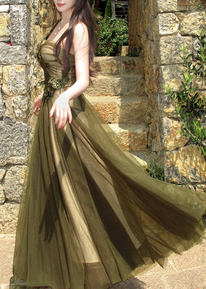 French Green Floral Patchwork Tulle Long Spaghetti Strap Dress Sleeveless