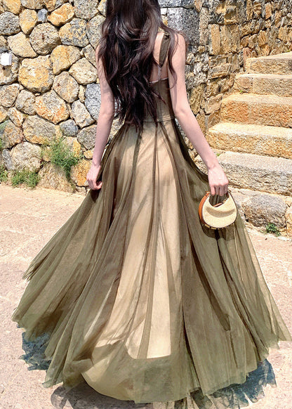 French Green Floral Patchwork Tulle Long Spaghetti Strap Dress Sleeveless