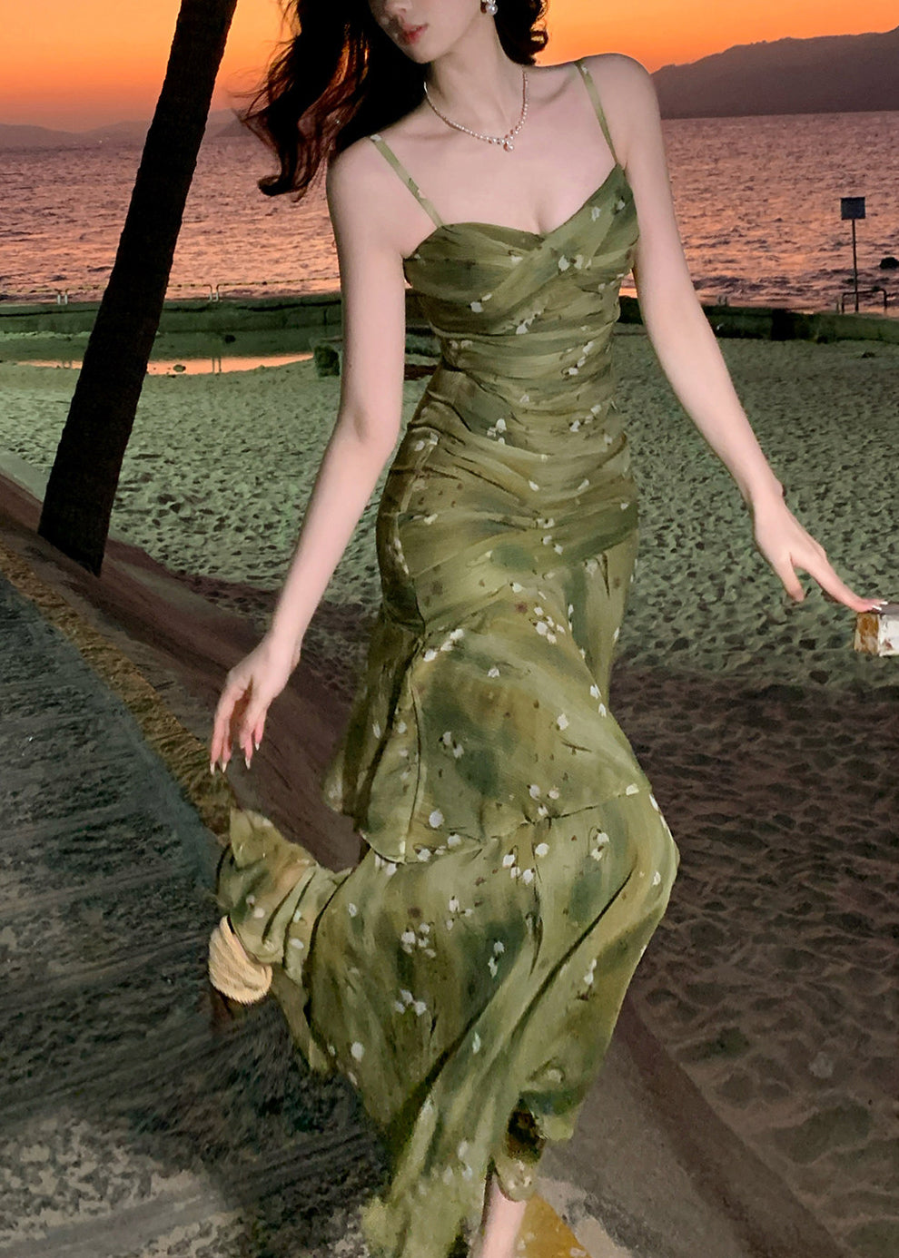 French Green Print Wrinkled Maxi Spaghetti Strap Dress Summer