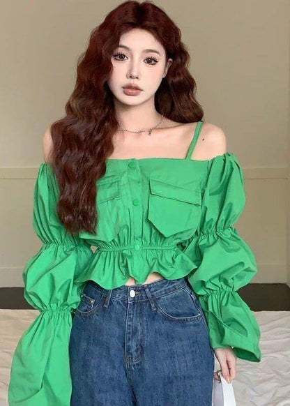 French Green Puff Sleeve Slash Neck Cotton Shirt Summer