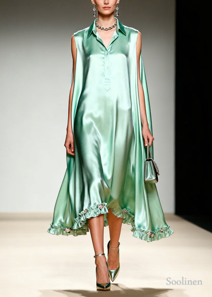 French Green Ruffled Oversized Draping Silk Holiday Dress Summer