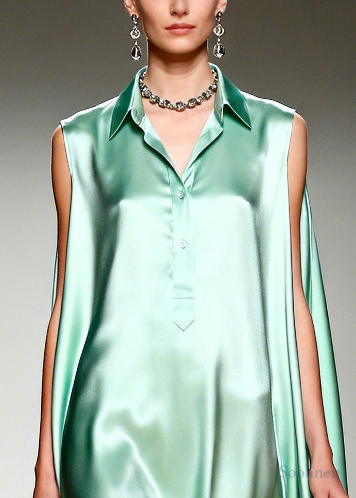French Green Ruffled Oversized Draping Silk Holiday Dress Summer