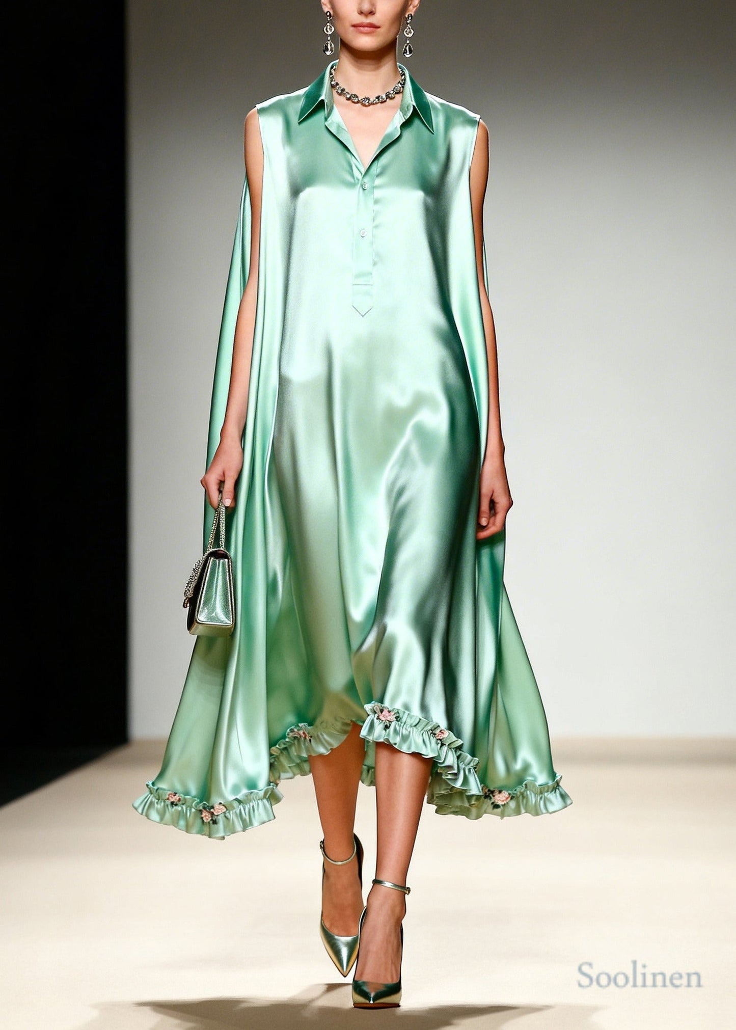 French Green Ruffled Oversized Draping Silk Holiday Dress Summer