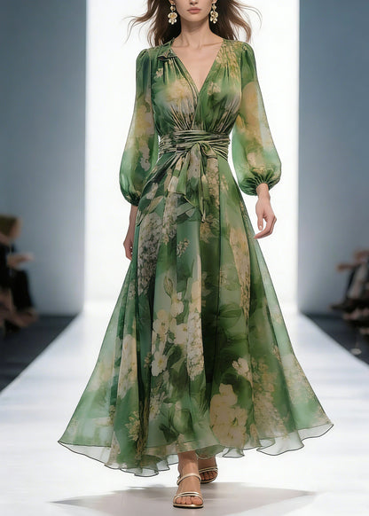 French Green V Neck Print High Waist Chiffon Dresses Long Sleeve
