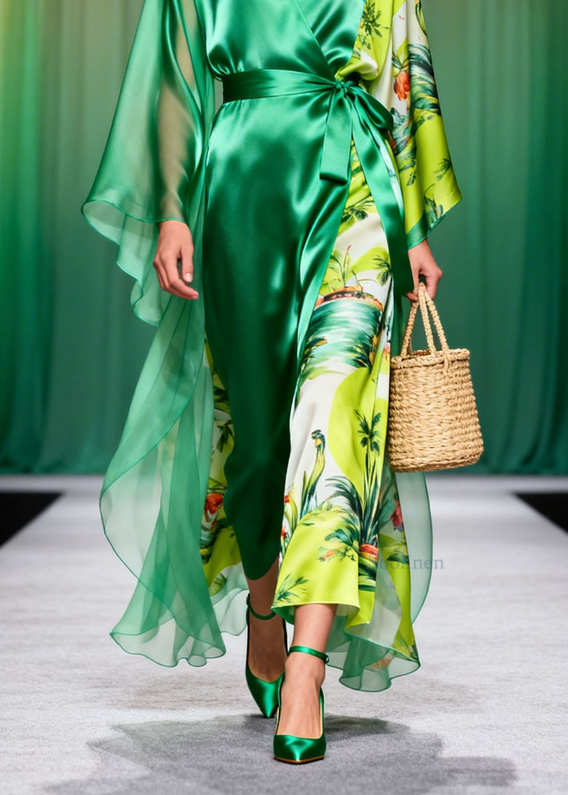 French Green V Neck Print Patchwork Chiffon Long Dresses Spring