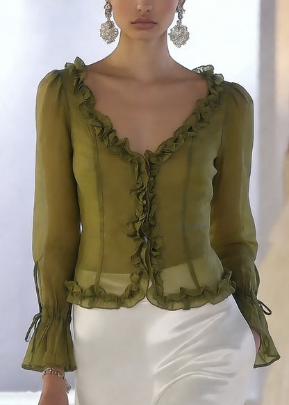 French Green V Neck Ruffled Lace Up Chiffon tops Spring