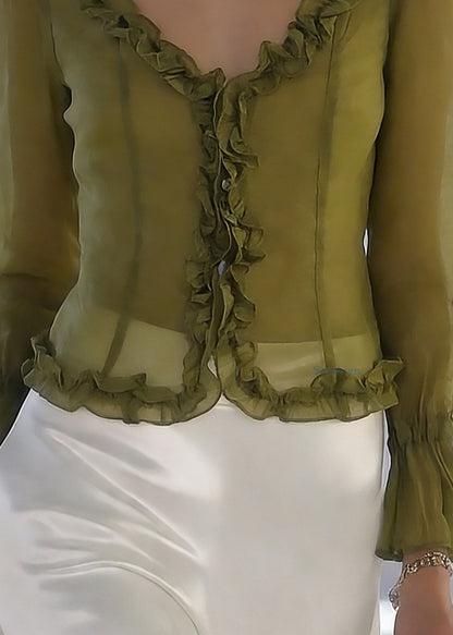 French Green V Neck Ruffled Lace Up Chiffon tops Spring