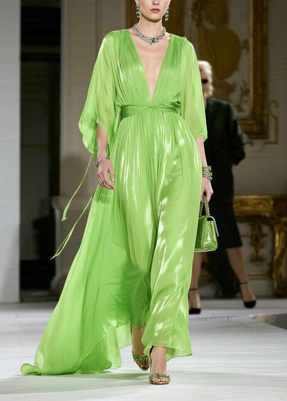 French Green V Neck Wrinkled Chiffon Dress Summer