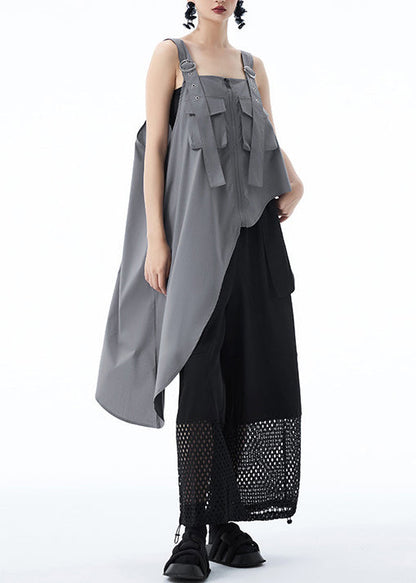 French Grey Asymmetrical Design Pockets Patchwork Cotton Top Summer