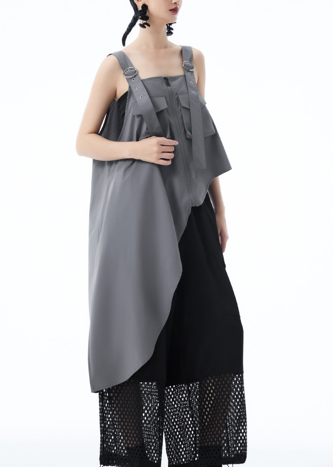French Grey Asymmetrical Design Pockets Patchwork Cotton Top Summer