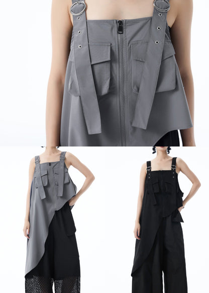 French Grey Asymmetrical Design Pockets Patchwork Cotton Top Summer