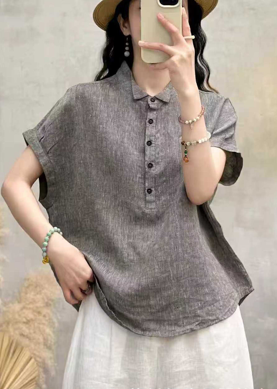 French Grey Peter Pan Collar Linen Loose Shirt Top Summer