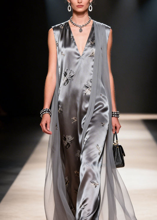 French Grey V Neck Print Patchwork Chiffon Dress Summer