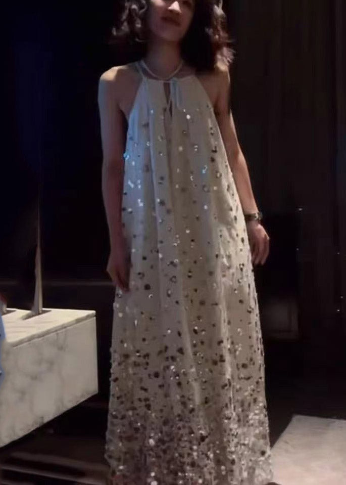 French Halter Sequins Line Maxi Spaghetti Strap Dress Sleeveless