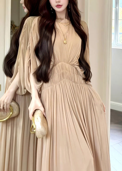 French Khaki Oversized Chiffon Robe Dresses Batwing Sleeve