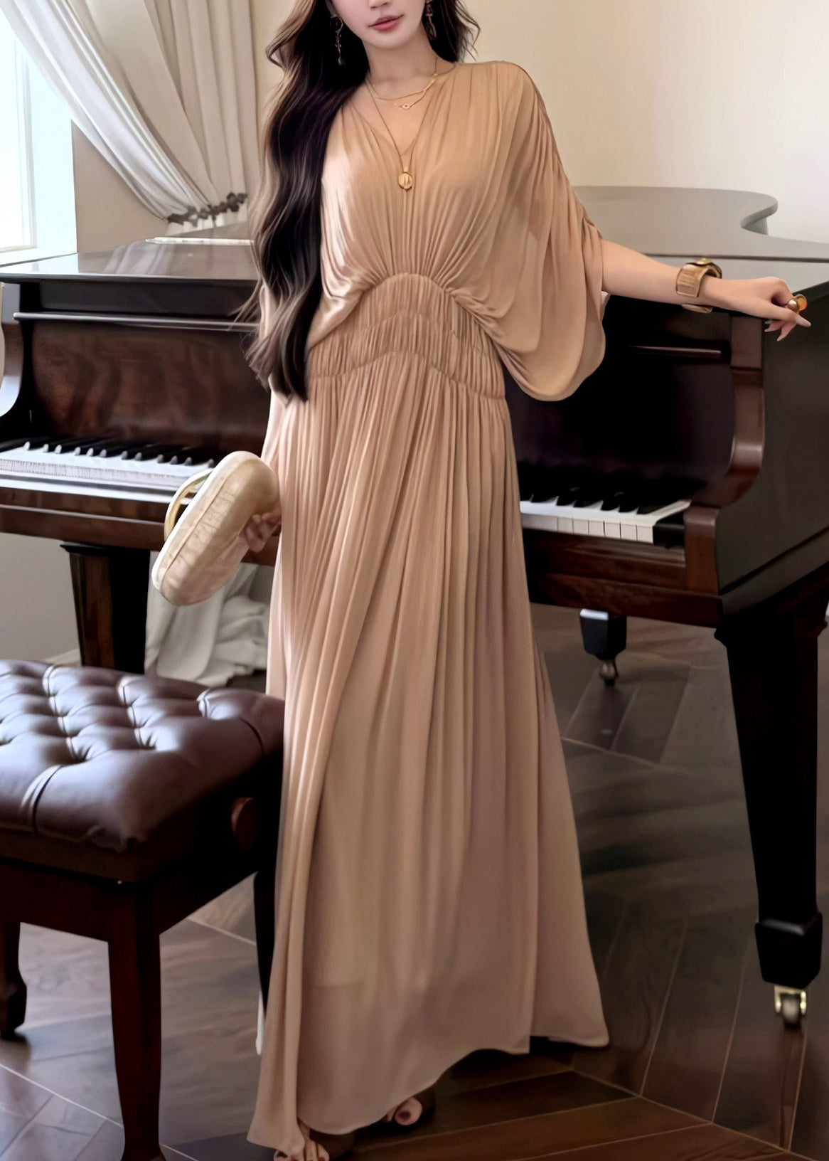 French Khaki Oversized Chiffon Robe Dresses Batwing Sleeve