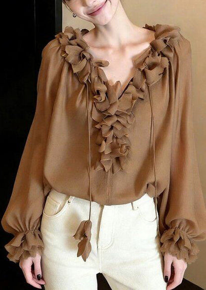 French Khaki Ruffled Lace Up Chiffon Shirts Spring