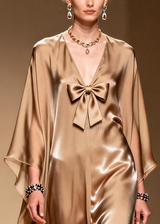 French Khaki V Neck Bow Chiffon Maxi Dress Summer