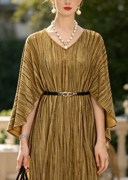 French Khaki Zircon Tunic Cotton Vacation Dresses Cloak Sleeves