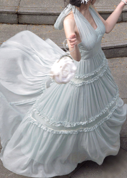 French Light Green Halter Ruffled Wrinkled Tulle Long Dresses Sleeveless