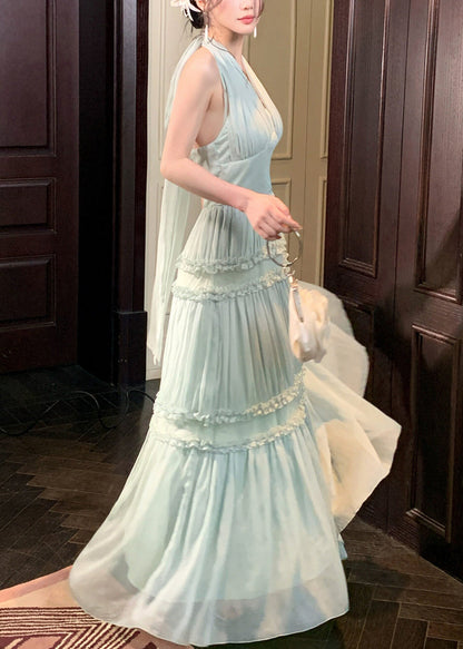 French Light Green Halter Ruffled Wrinkled Tulle Long Dresses Sleeveless