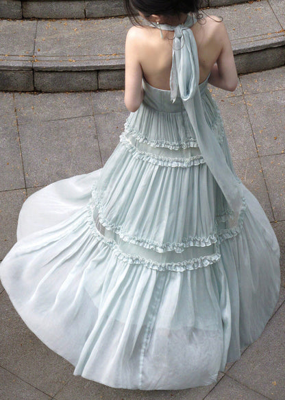 French Light Green Halter Ruffled Wrinkled Tulle Long Dresses Sleeveless