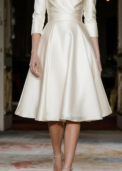 French Milk White V Neck Exra Large Hem Silk Work Dress Summer