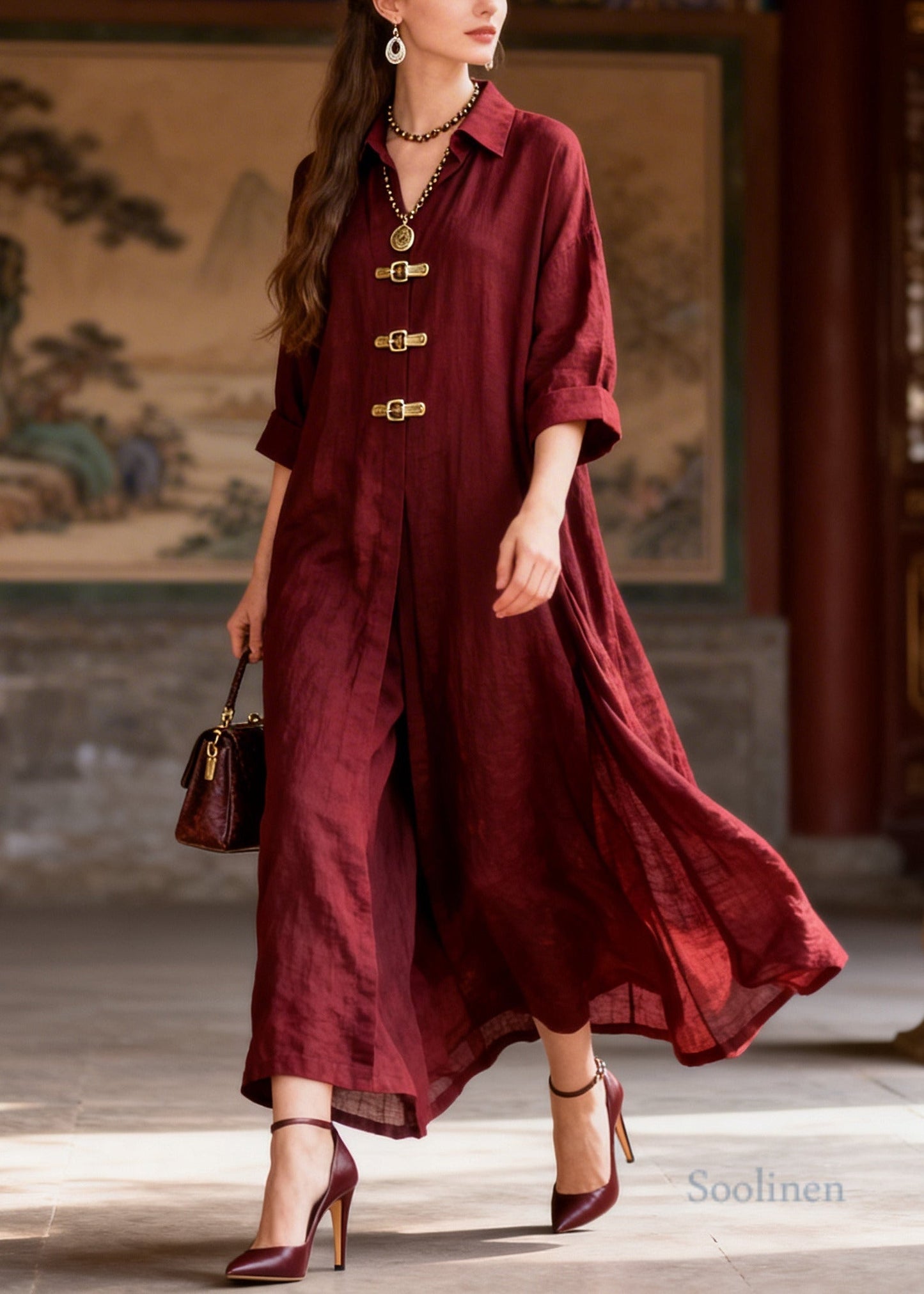 French Mulberry Oversized Chinese Button Cotton Dresses Summer