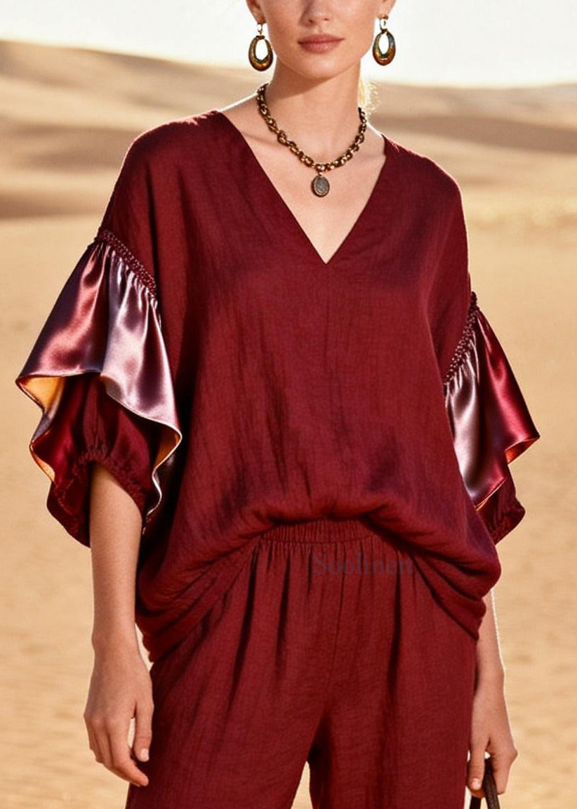 French Mulberry Oversized Patchwork Cotton Two Piece Suit Set Butterfly Sleeve