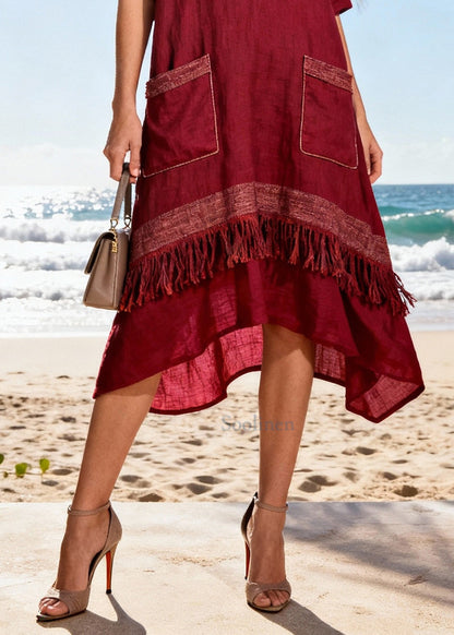 French Mulberry Tasseled Patchwork Cotton Vacation Dress Summer