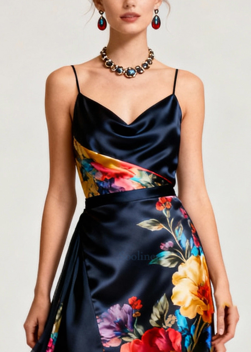 French Navy Asymmetrical Patchwork Print Silk Cami Dresses Summer
