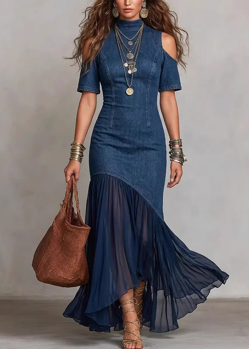 French Navy Cold Shoulder Patchwork Tulle Denim Dress Half Sleeve
