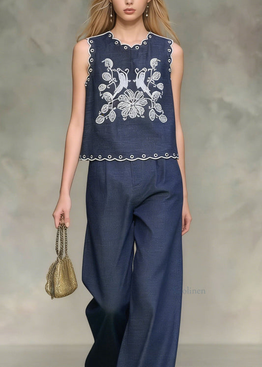 French Navy Embroidered Denim Two Pieces Set Sleeveless