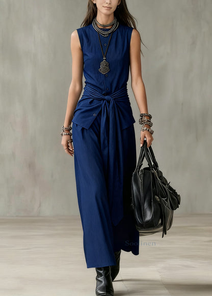 French Navy O Neck Button Tie Waist Denim Two Pieces Set Sleeveless