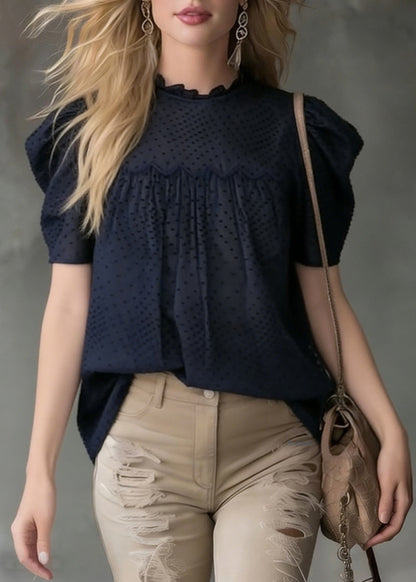 French Navy Wrinkled Solid Cotton Blouses Puff Sleeve