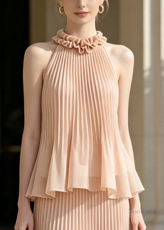 French Nude Ruffled Wrinkled Chiffon Two Pieces Set Sleeveless