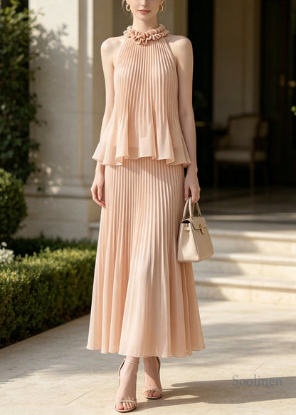 French Nude Ruffled Wrinkled Chiffon Two Pieces Set Sleeveless