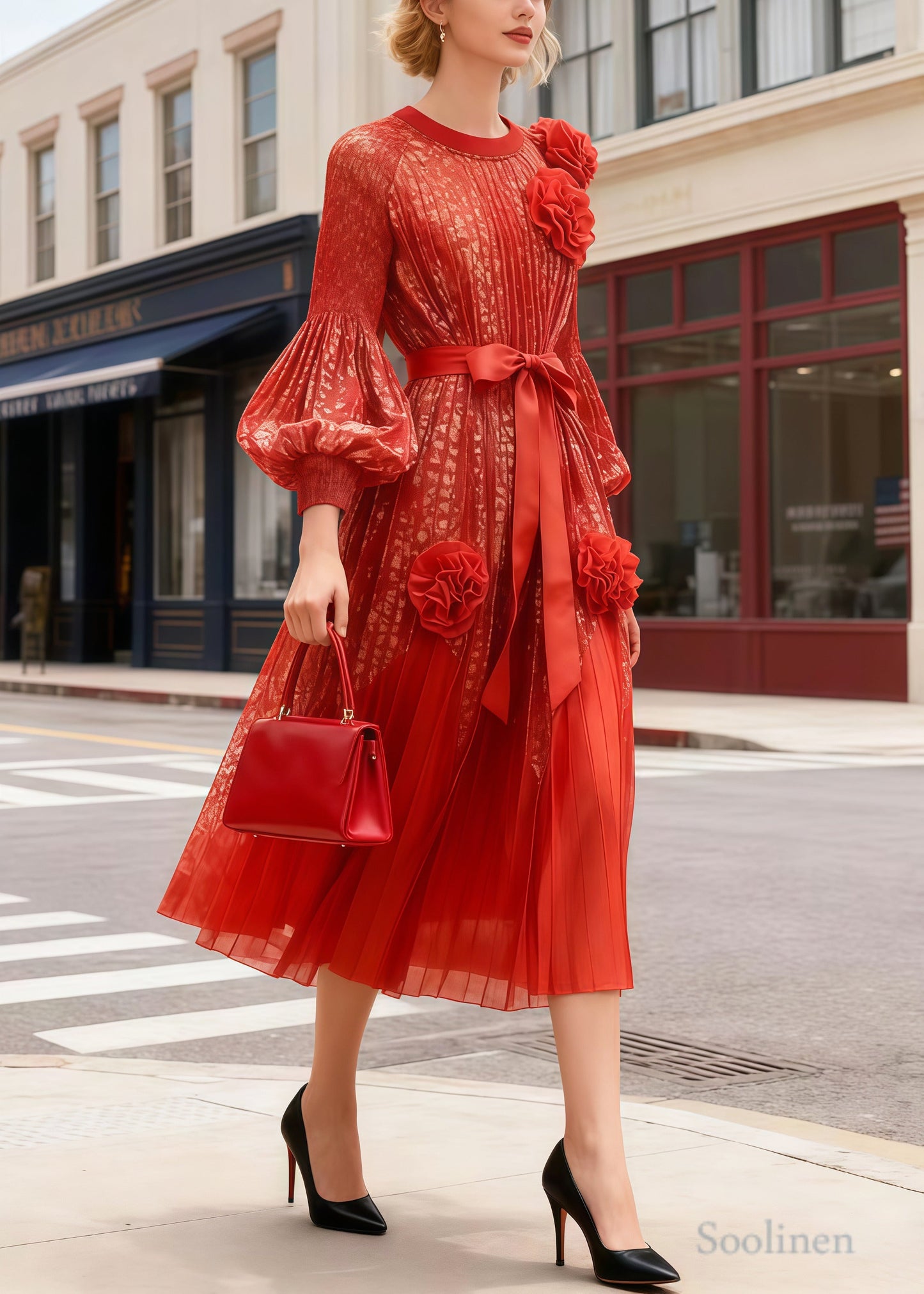 French Orange Floral Decorated Chiffon Party Dress Lantern Sleeve
