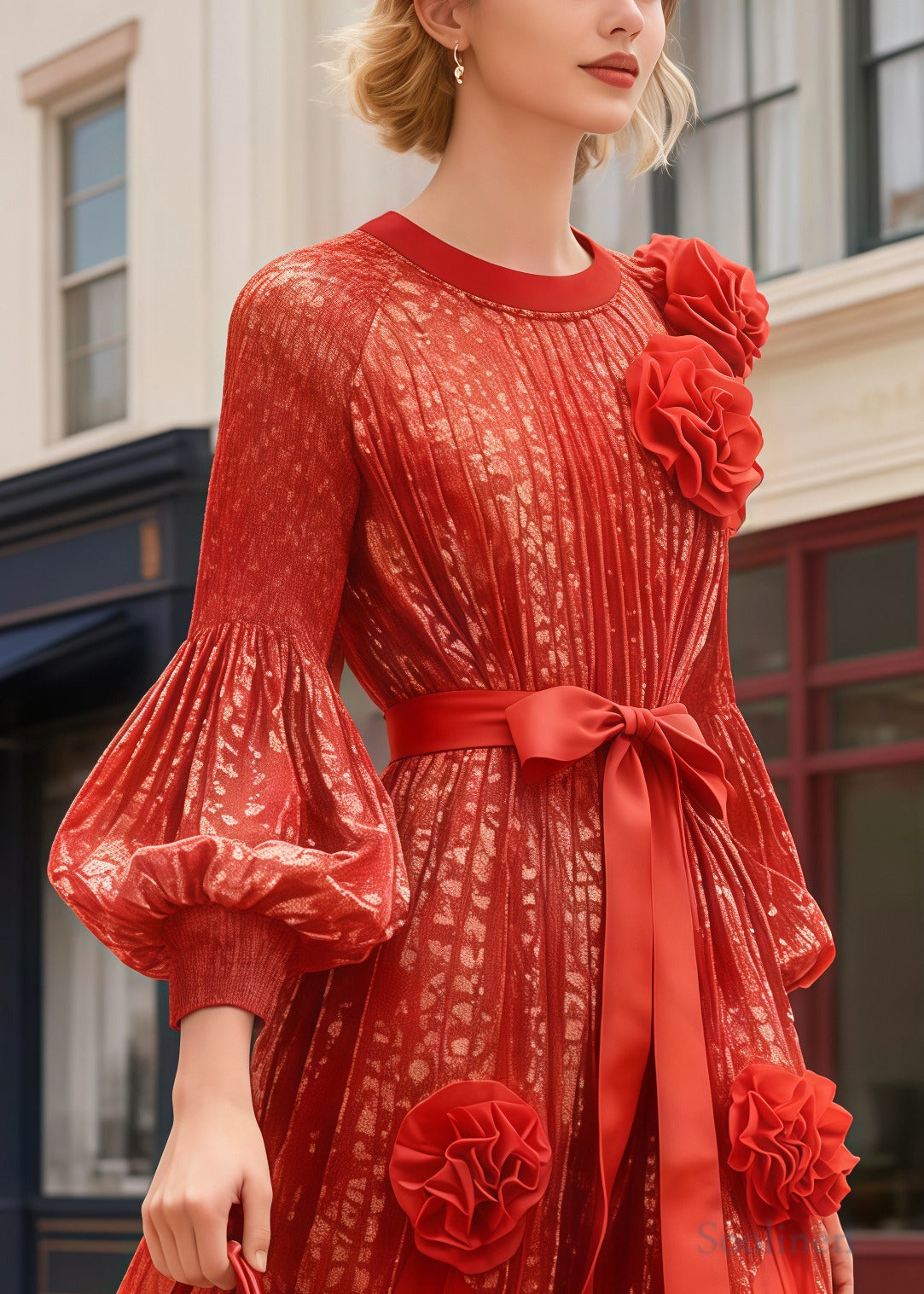French Orange Floral Decorated Chiffon Party Dress Lantern Sleeve