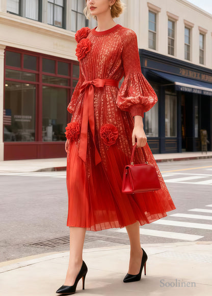 French Orange Floral Decorated Chiffon Party Dress Lantern Sleeve