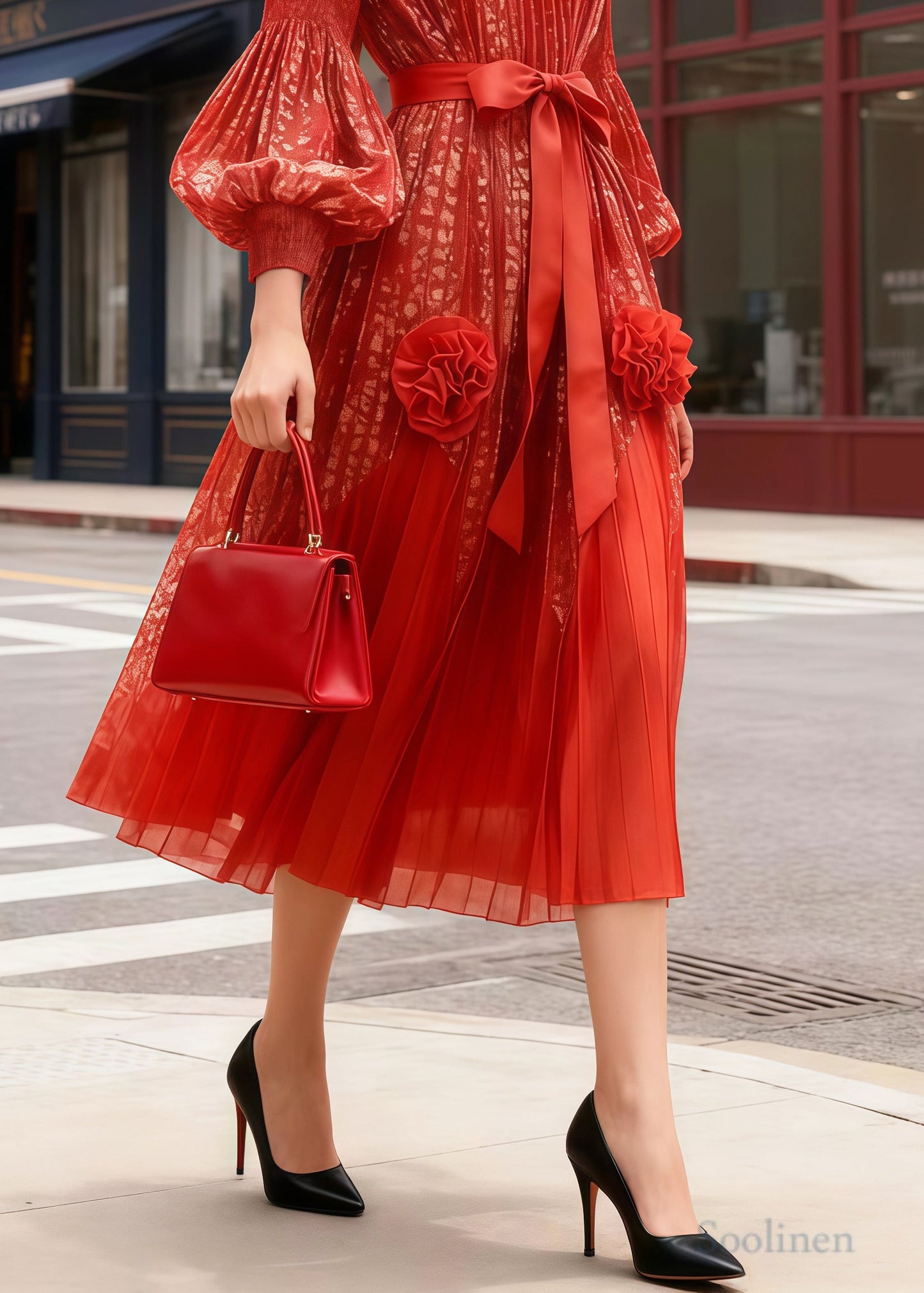 French Orange Floral Decorated Chiffon Party Dress Lantern Sleeve