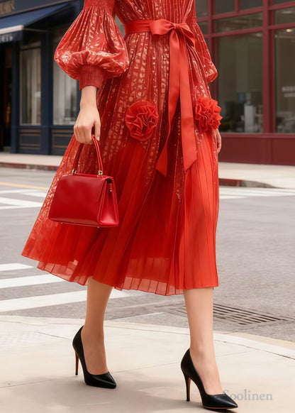French Orange Floral Decorated Chiffon Party Dress Lantern Sleeve