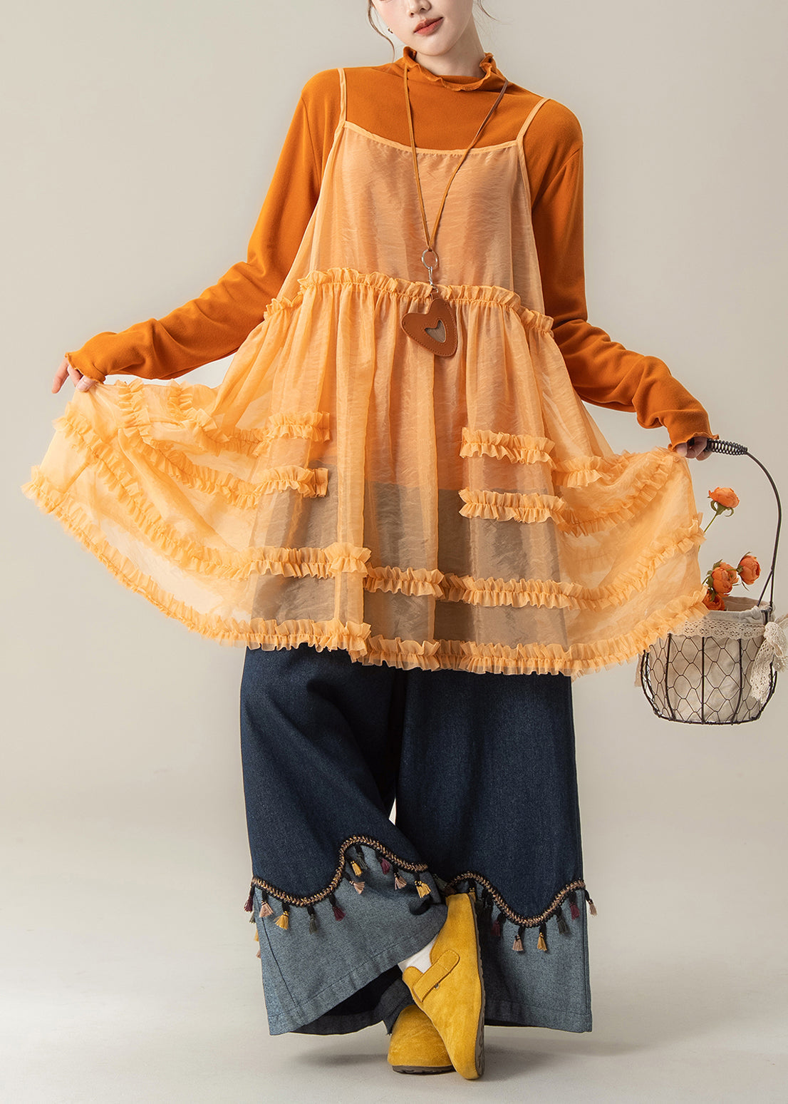 French Orange Ruffled Spaghetti Strap Dress Cotton T Shirt And Denim Pants 3 Pieces Set Spring