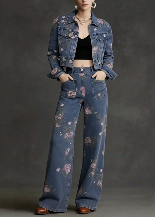 French Peter Pan Collar Print Pockets Denim Two Piece Suit Set Spring