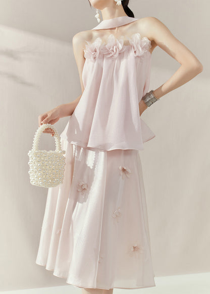 French Pink Floral Patchwork TopAnd Maxi Skirts Two Piece Set Sleeveless