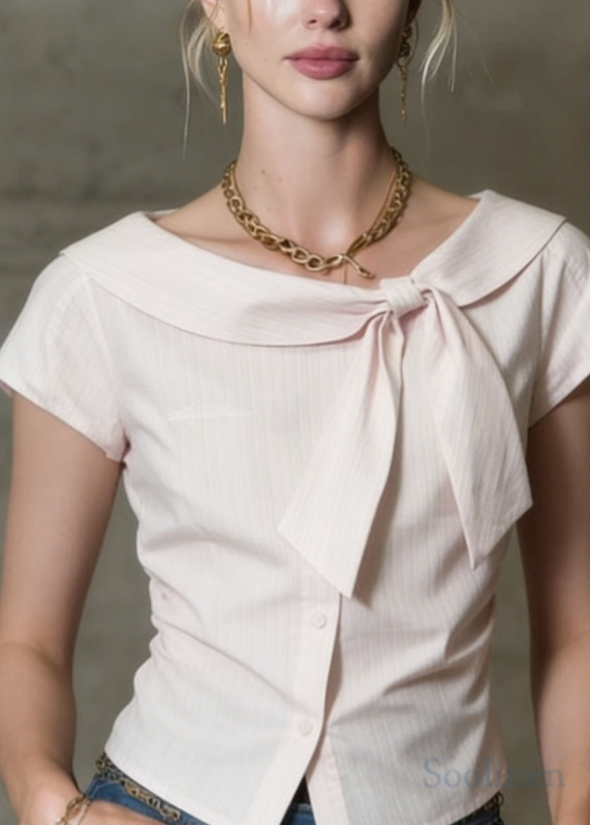 French Pink O Neck Bow Button Cotton Tops Summer