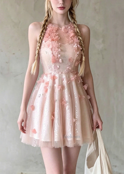 French Pink O Neck Floral Wrinkled Tulle Dress Summer