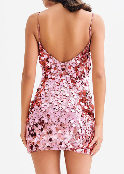 French Pink Sequins Silm Fit Cotton Vacation Dress Summer