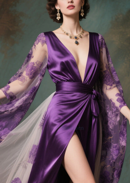 French Purple Exra Large Hem Patchwork Side Open Chiffon Evening Dress Summer